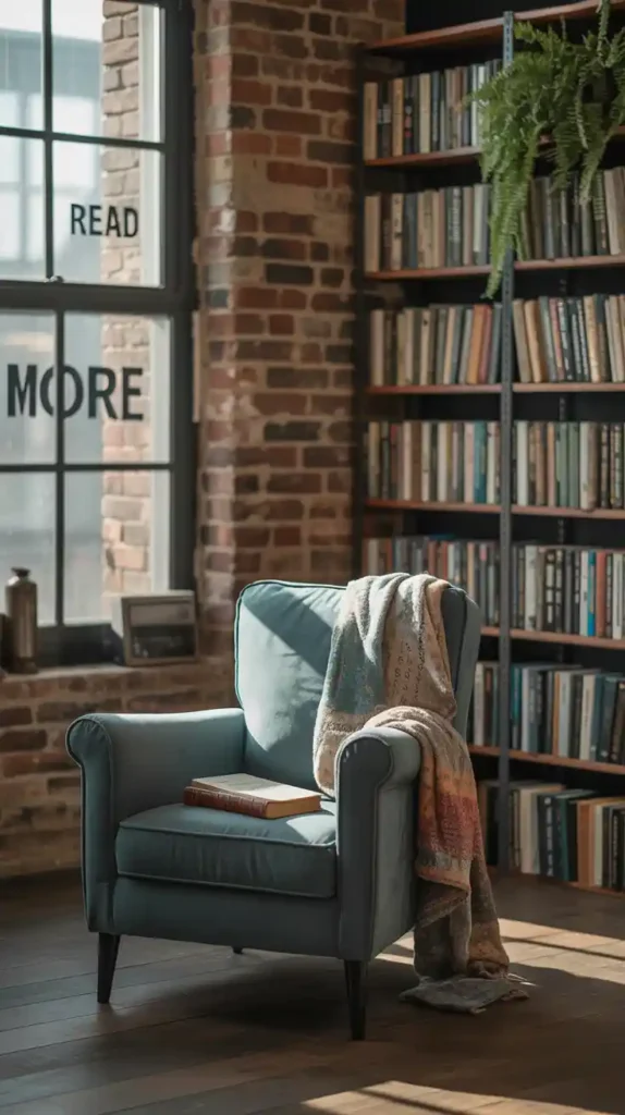 Cozy artistic loft nook with exposed brick walls, large windows, a comfortable chair, and bookshelves.