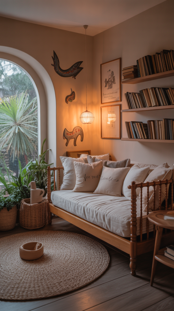 A cozy reading nook with a daybed, soft pillows, warm lighting, and whimsical decor.