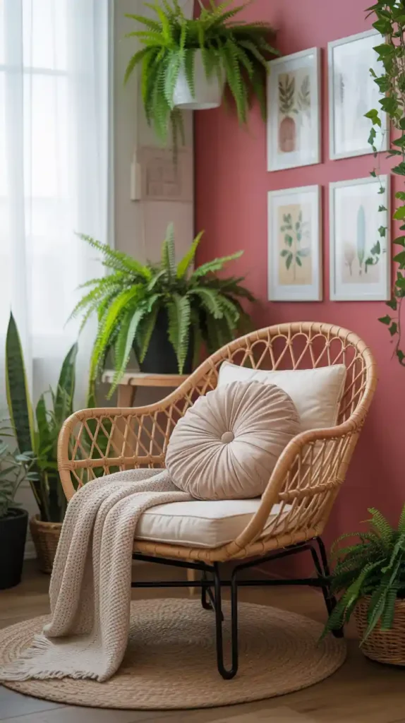 A cozy reading nook with a rattan chair, vibrant pink wall, and lush green plants.