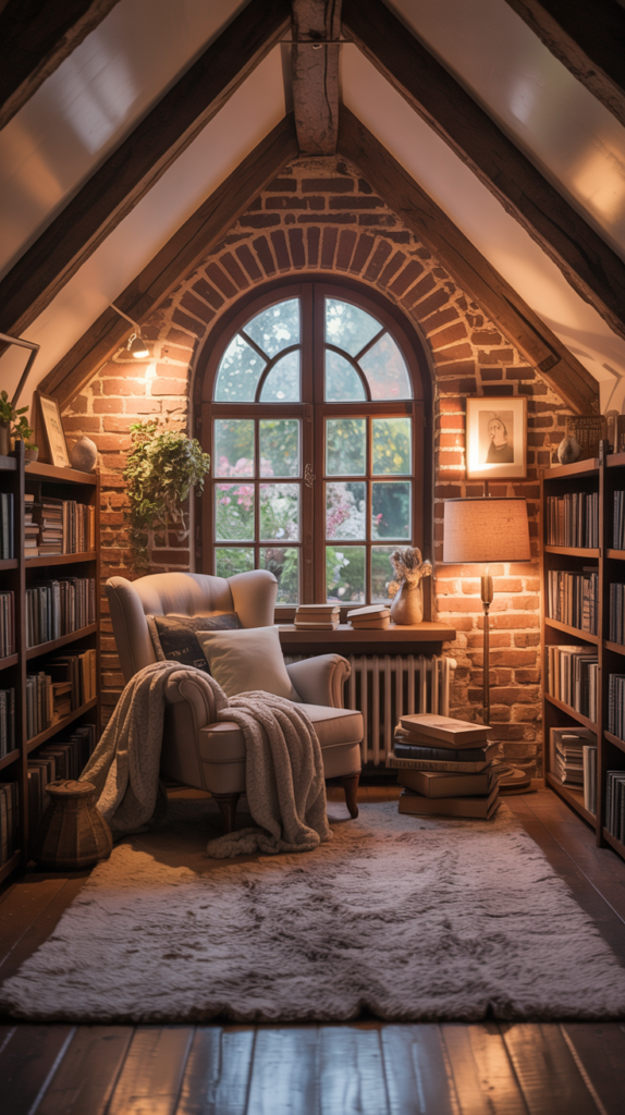 A cozy and inviting attic reading nook with a quiet corner design. Soft, warm lighting fills the space, casting a gentle glow on the vintage armchair and plush rug. Wooden beams and exposed brick walls create a rustic, charming atmosphere. Bookshelves line the walls, filled with well-worn volumes and decorative trinkets. A large, arched window overlooking a tranquil garden scene provides natural light and a peaceful view. Plush throw pillows and a knitted blanket invite readers to curl up and get lost in their favorite stories. This intimate, creative space offers the perfect haven for escaping the hustle and bustle of everyday life. A cozy and inviting attic reading nook with a quiet corner design. Soft, warm lighting fills the space, casting a gentle glow on the vintage armchair and plush rug. Wooden beams and exposed brick walls create a rustic, charming atmosphere. Bookshelves line the walls, filled with well-worn volumes and decorative trinkets. A large, arched window overlooking a tranquil garden scene provides natural light and a peaceful view. Plush throw pillows and a knitted blanket invite readers to curl up and get lost in their favorite stories. This intimate, creative space offers the perfect haven for escaping the hustle and bustle of everyday life.