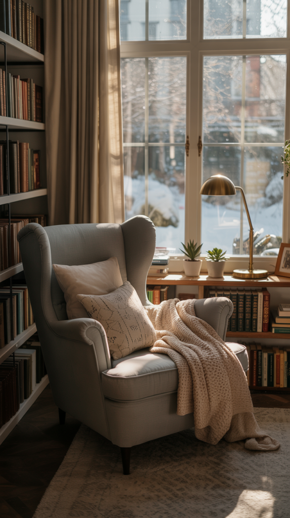 A cozy window-based reading sanctuary with built-in bookshelves and storage. The focal point is a comfortable armchair positioned in front of a large, sun-drenched window overlooking a tranquil outdoor scene. Soft, diffused lighting from the window casts a warm glow, creating an inviting and serene atmosphere. The bookshelves lining the walls are filled with a curated collection of books, adding character and functionality to the space. Plush throw pillows, a knitted blanket, and potted plants contribute to the overall sense of coziness and relaxation. The image is captured from a slightly elevated angle, emphasizing the cozy and intimate nature of this window-based reading retreat. A cozy window-based reading sanctuary with built-in bookshelves and storage. The focal point is a comfortable armchair positioned in front of a large, sun-drenched window overlooking a tranquil outdoor scene. Soft, diffused lighting from the window casts a warm glow, creating an inviting and serene atmosphere. The bookshelves lining the walls are filled with a curated collection of books, adding character and functionality to the space. Plush throw pillows, a knitted blanket, and potted plants contribute to the overall sense of coziness and relaxation. The image is captured from a slightly elevated angle, emphasizing the cozy and intimate nature of this window-based reading retreat.