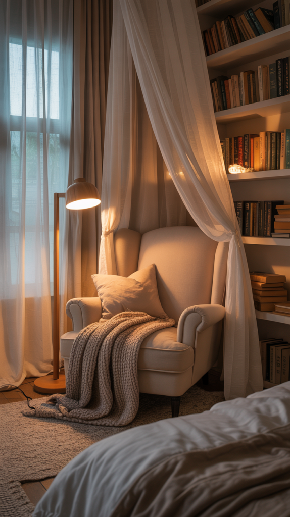 A cozy bedroom reading nook featuring a plush upholstered armchair nestled beneath a canopy of sheer white fabric, creating a sense of intimate seclusion. Soft, warm lighting from a wooden floor lamp casts a gentle glow, complemented by natural light filtering through large windows draped with flowing curtains. Shelves on the adjacent wall display an array of well-worn books, inviting the reader to get lost in their pages. Plush throw pillows and a knitted blanket add to the inviting, comfy atmosphere, making this the perfect space for curling up and indulging in a beloved novel. A cozy bedroom reading nook featuring a plush upholstered armchair nestled beneath a canopy of sheer white fabric, creating a sense of intimate seclusion. Soft, warm lighting from a wooden floor lamp casts a gentle glow, complemented by natural light filtering through large windows draped with flowing curtains. Shelves on the adjacent wall display an array of well-worn books, inviting the reader to get lost in their pages. Plush throw pillows and a knitted blanket add to the inviting, comfy atmosphere, making this the perfect space for curling up and indulging in a beloved novel.