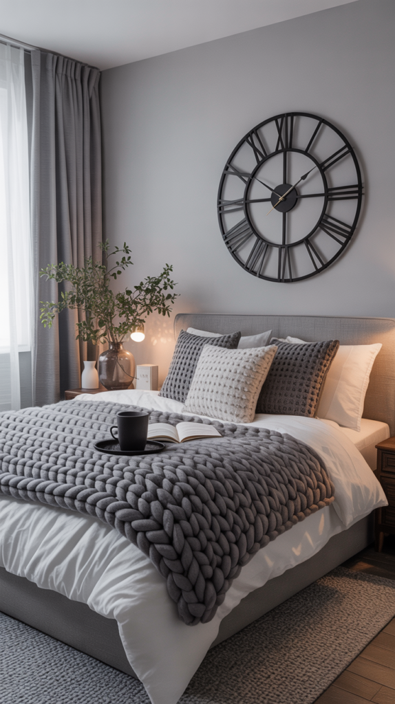 A cozy grey and white bedroom featuring a bed with a chunky grey knit blanket, plush pillows, and a stylish wall clock.