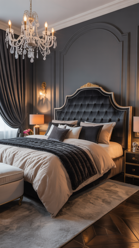 Luxurious dark grey bedroom with plush bedding, elegant lighting, and rich textures