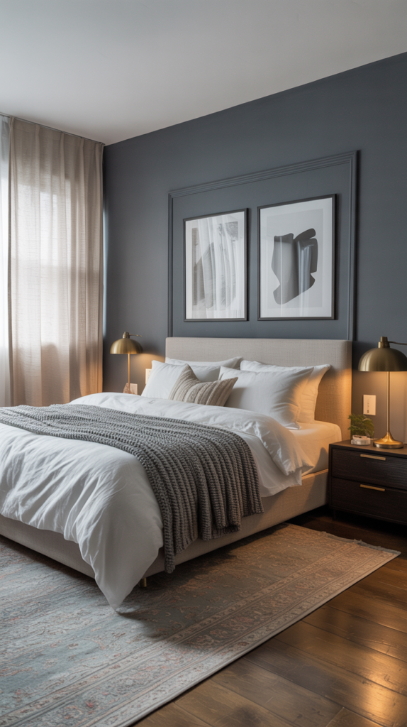Stylish bedroom featuring a grey accent wall with framed artwork and cozy bedding.