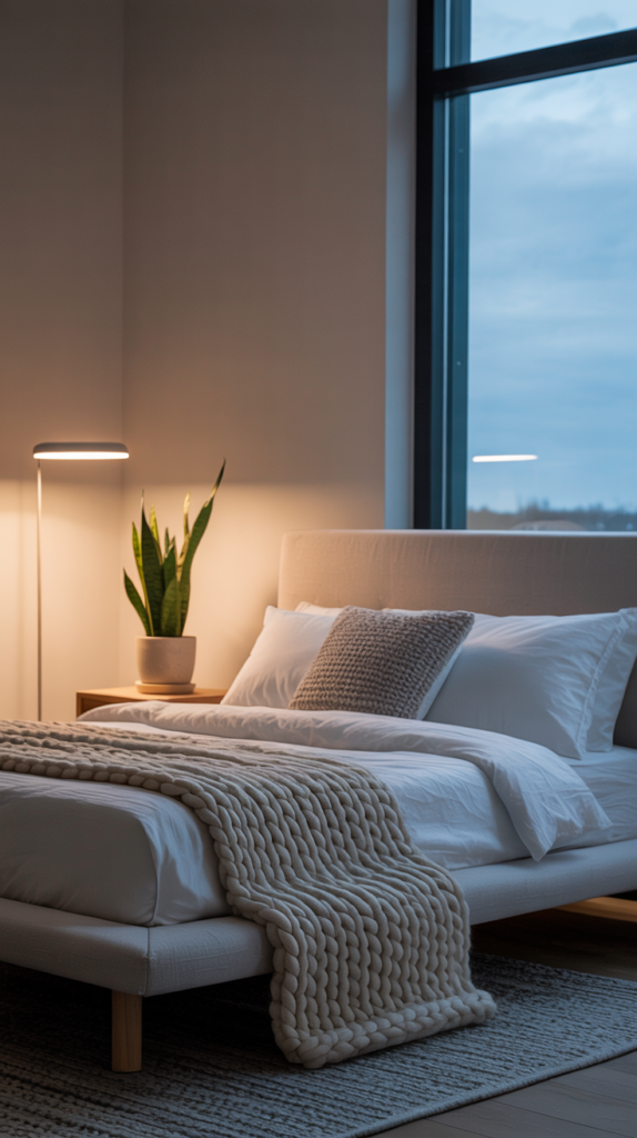 A modern minimalist grey bedroom featuring a light grey bed, soft linens, a nightstand, and a plant.