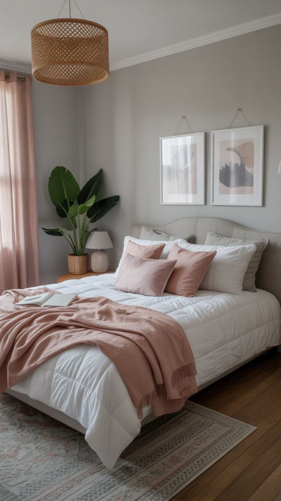 A cozy bedroom featuring soft grey walls, white bedding, and pastel pillows.