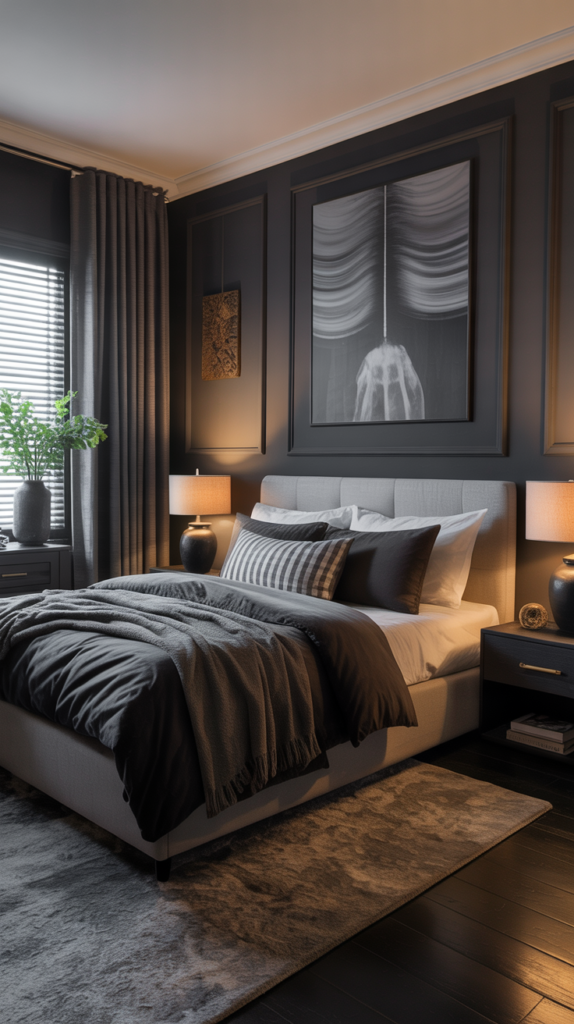 A sophisticated charcoal-themed bedroom featuring dark walls, plush bedding, and stylish decor.