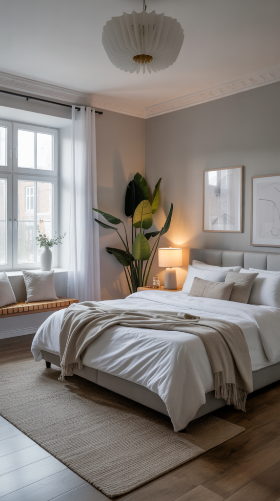 A serene light grey bedroom featuring a large window, cozy bed, and minimalist decor.