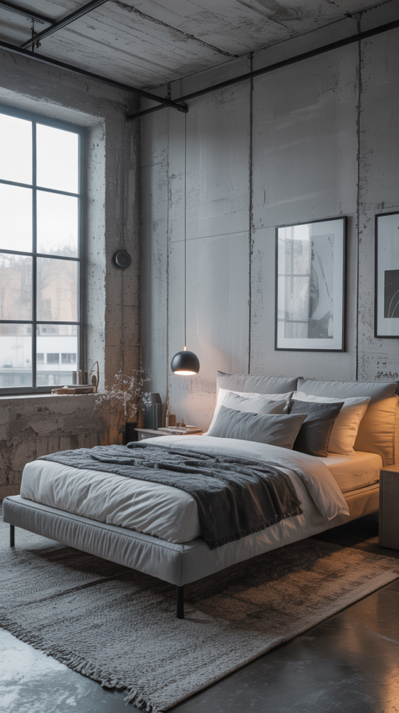 A grey industrial-style bedroom featuring a minimalist bed, concrete walls, and stylish decor.