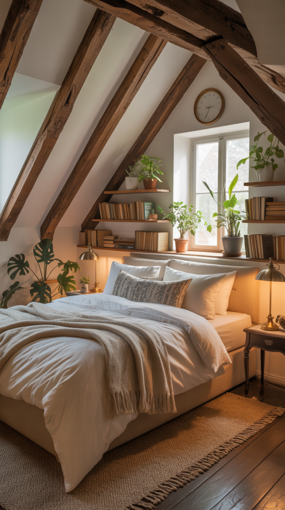 A cozy grey bedroom featuring rustic decor with wooden beams, a comfortable bed, and charming shelves.