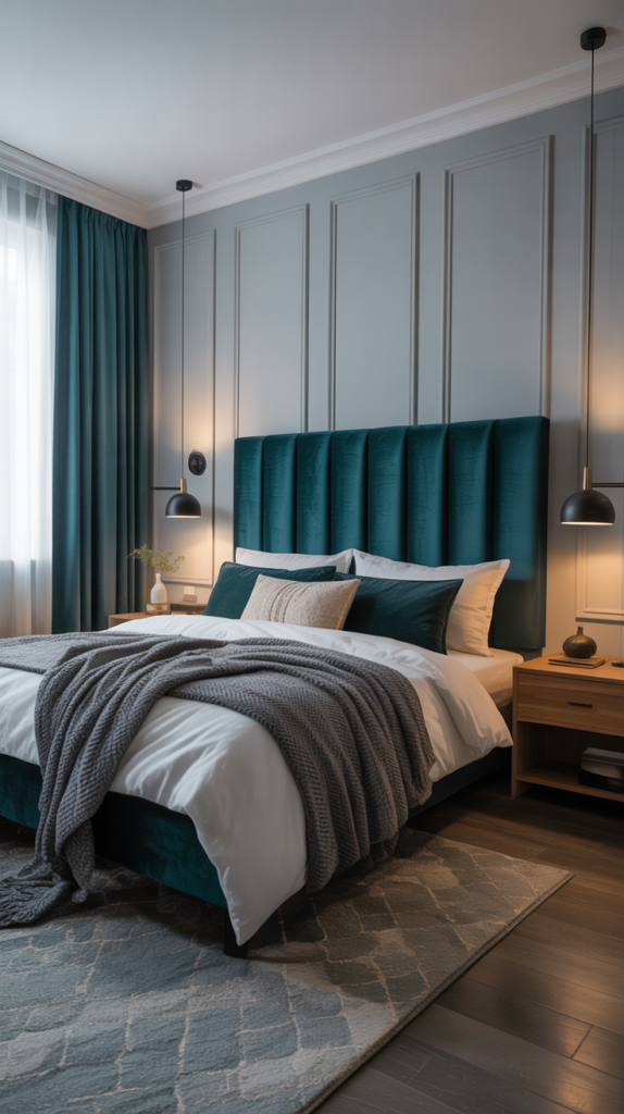 A contemporary bedroom featuring a teal headboard, grey walls, and cozy bedding.