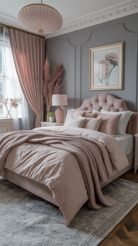A beautifully designed grey and blush bedroom featuring soft walls, plush bedding, and elegant curtains.
