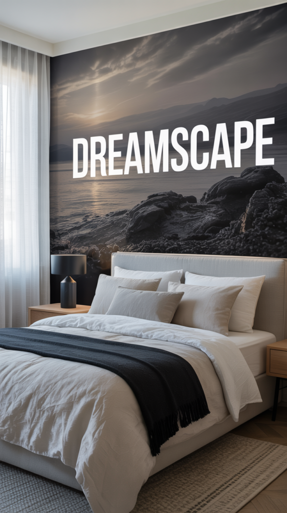 A stylish bedroom featuring a grey wall mural with bold typography, complemented by white bedding and wooden furniture.
