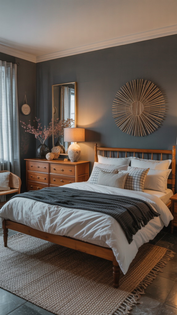 A cozy bedroom featuring grey walls, a wooden bed frame, and a stylish wooden dresser with decorative elements.