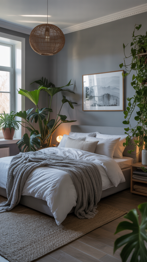 A serene grey bedroom with green plants, featuring a cozy bed and natural light.