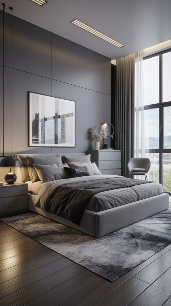 A modern grey bedroom featuring sleek furniture arrangement with a bed, bedside table, dresser, and large windows.
