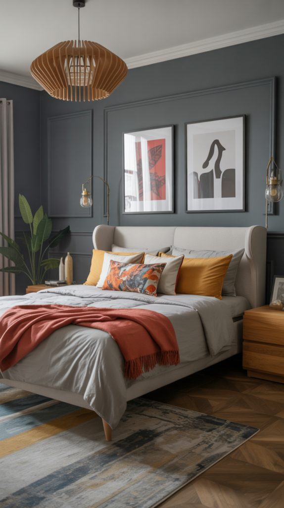 A stylish grey bedroom featuring eclectic decor with colorful pillows, artwork on the walls, and wooden furniture.