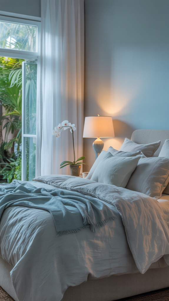 A serene bedroom with soft blue walls and light grey bedding, featuring sheer curtains and minimal decor.