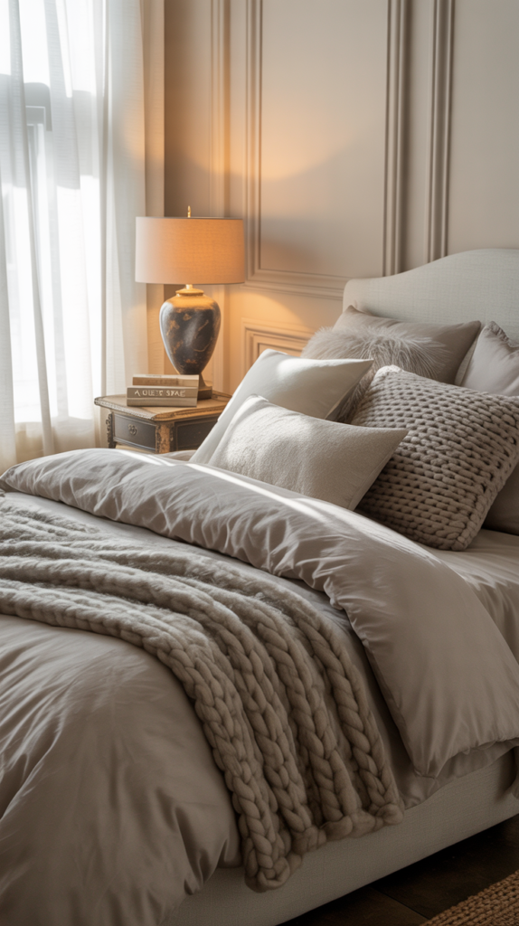 A cozy grey bed with textured bedding and pillows, illuminated by natural light.