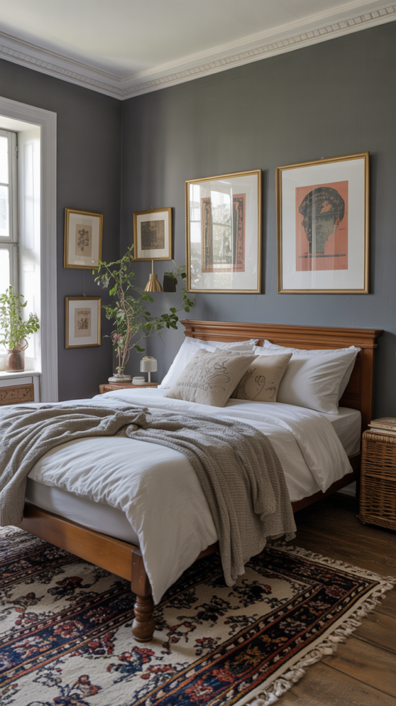 A vintage grey bedroom featuring a wooden bed, decorative pillows, framed art on the wall, and a cozy area rug.