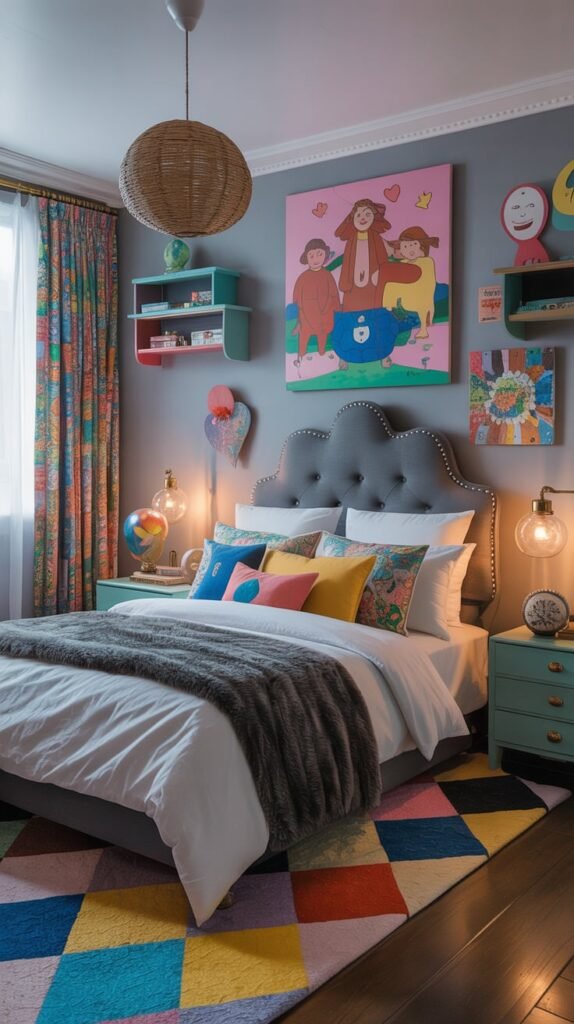 A whimsical grey bedroom featuring colorful accents, playful artwork, and a cozy atmosphere.