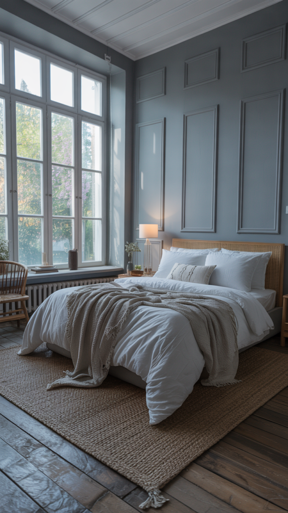 A serene grey bedroom with large windows allowing natural light, wooden flooring, and a cozy bed.
