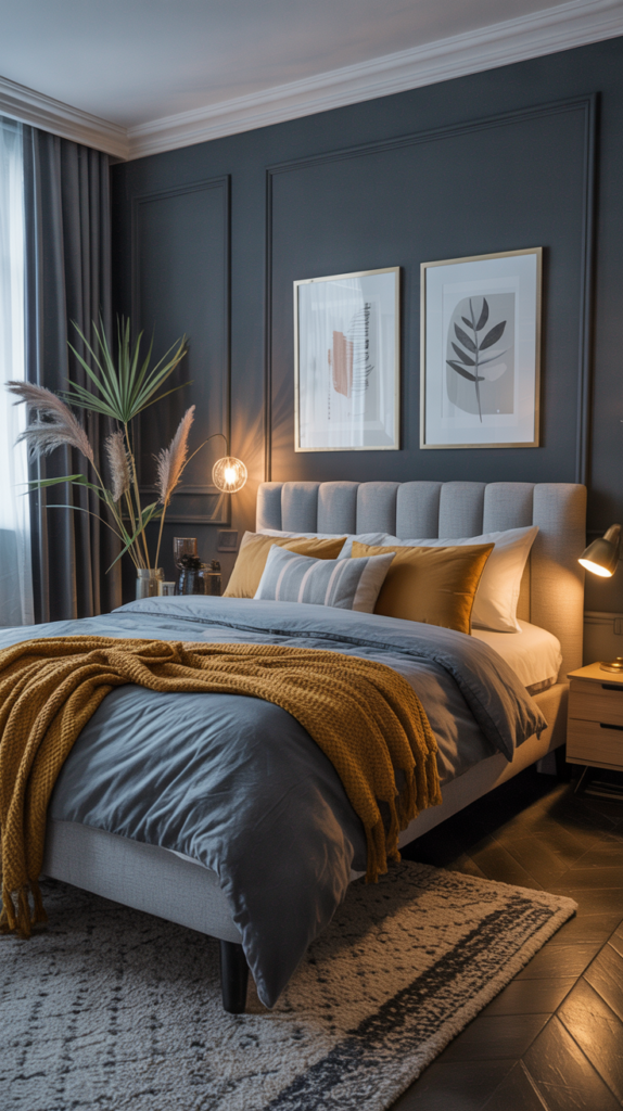 A stylish bedroom featuring dark grey walls, a grey bed with mustard pillows and a throw, and modern decor.