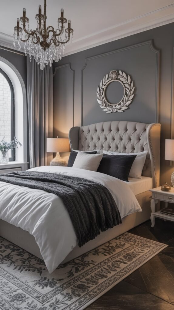 A sophisticated monochrome grey bedroom featuring a tufted headboard, layered bedding, and elegant decor.