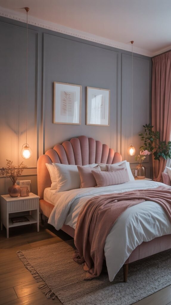 Cozy bedroom featuring grey walls, soft pink accents, and warm lighting.