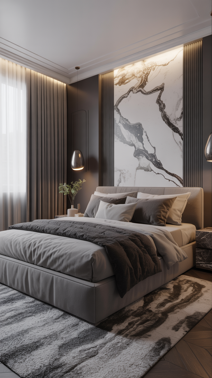 Modern bedroom with a gray upholstered bed, marble accent wall, pendant lights, dark walls, and a textured abstract rug.