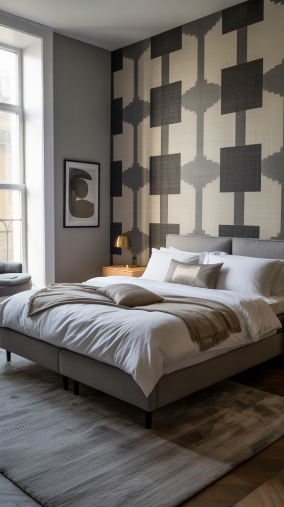 Stylish grey bedroom with geometric patterns and modern decor