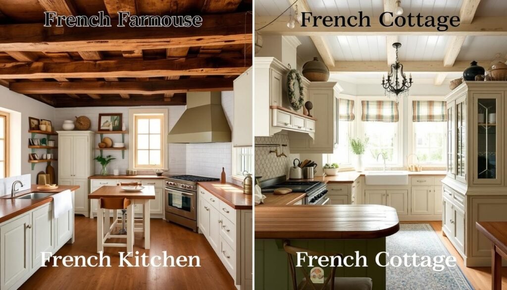 Side by side comparison of French Farmhouse vs French Cottage Kitchen styles Side by side comparison of French Farmhouse vs French Cottage Kitchen styles