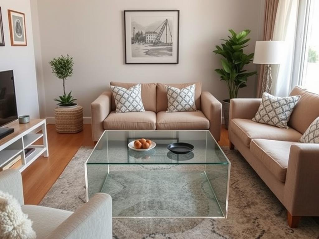 Small living room featuring clear acrylic coffee table that creates visual lightness Small living room featuring clear acrylic coffee table that creates visual lightness