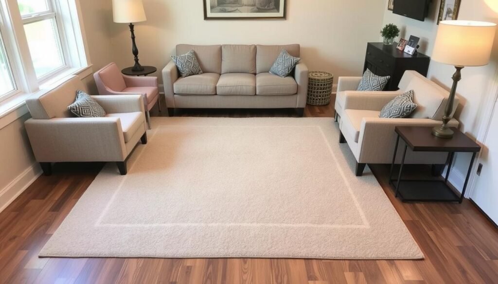 Small living room with area rug defining the seating area Small living room with area rug defining the seating area