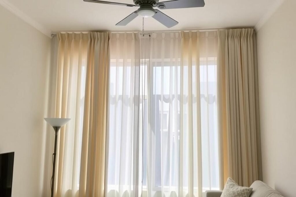 Small living room with curtains hung near ceiling to create height illusion Small living room with curtains hung near ceiling to create height illusion