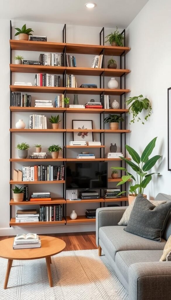 Small living room with floating shelves and wall-mounted storage Small living room with floating shelves and wall-mounted storage