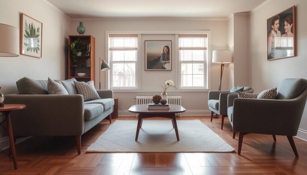Small living room with furniture featuring exposed legs allowing visibility of floor space Small living room with furniture featuring exposed legs allowing visibility of floor space