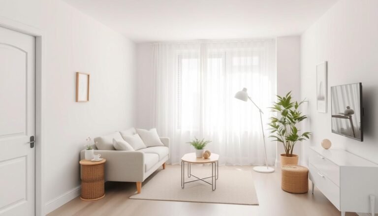 Small living room with light neutral color palette featuring soft whites and beige tones