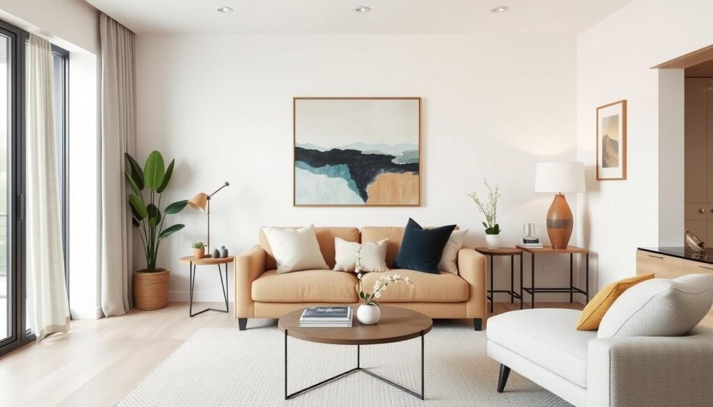 Small living room with minimal decor featuring one statement art piece Small living room with minimal decor featuring one statement art piece