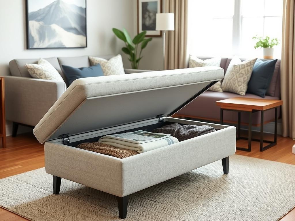 Small living room with storage ottoman that doubles as coffee table and seating Small living room with storage ottoman that doubles as coffee table and seating
