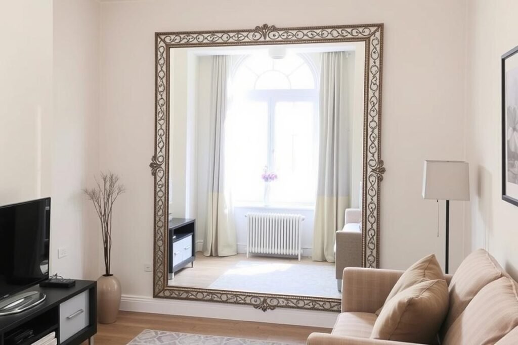 Small living room with strategically placed mirror reflecting light and creating visual depth Small living room with strategically placed mirror reflecting light and creating visual depth