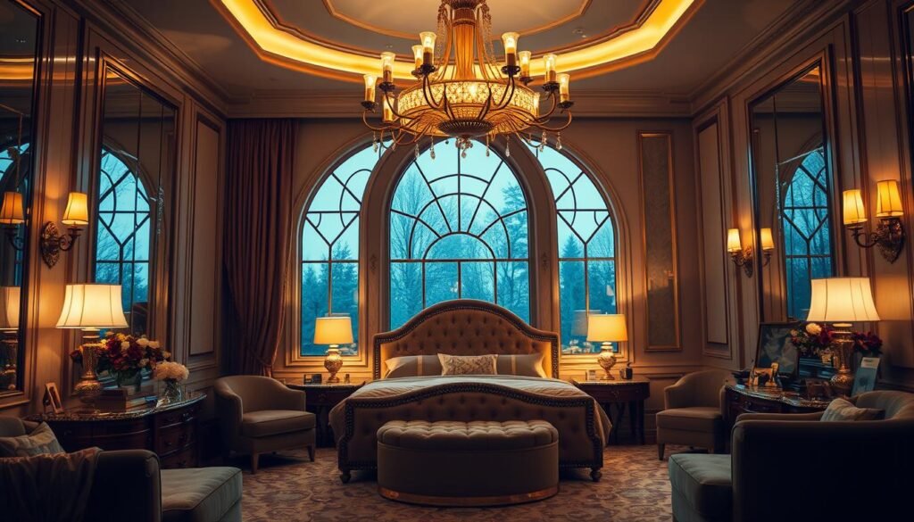 Sophisticated Art Deco bedroom with a luxurious ambiance. Captivating central chandelier casts a warm, golden glow across the elegant furnishings. Plush velvet upholstery, gleaming mirrored surfaces, and metallic accents create a refined, opulent atmosphere. Indirect lighting from sconces and recessed fixtures accentuate the room's architectural details. A large arched window allows natural light to filter in, blending seamlessly with the artificial illumination. Exquisite geometric patterns and geometric shapes in the decor echo the signature Art Deco style. The overall scene evokes a sense of timeless sophistication and artistic flair.