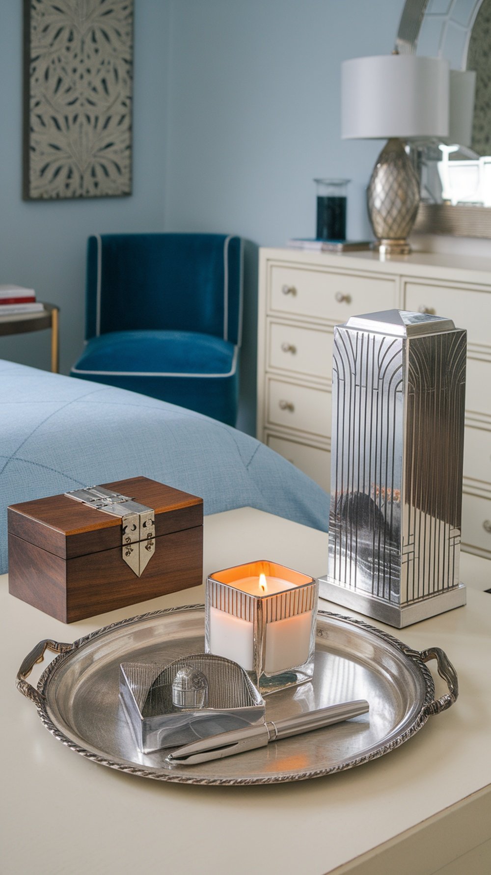 Art Deco inspired bedroom accessories including a silver tray, candle, wooden box, and elegant pen.