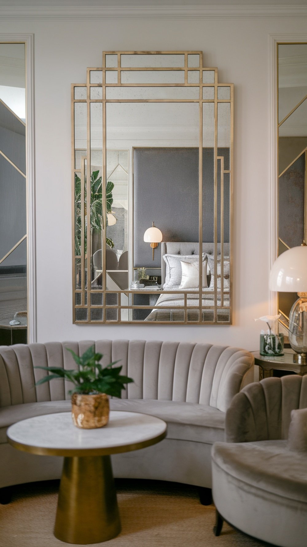 Art Deco style mirror with geometric design in a cozy bedroom setting