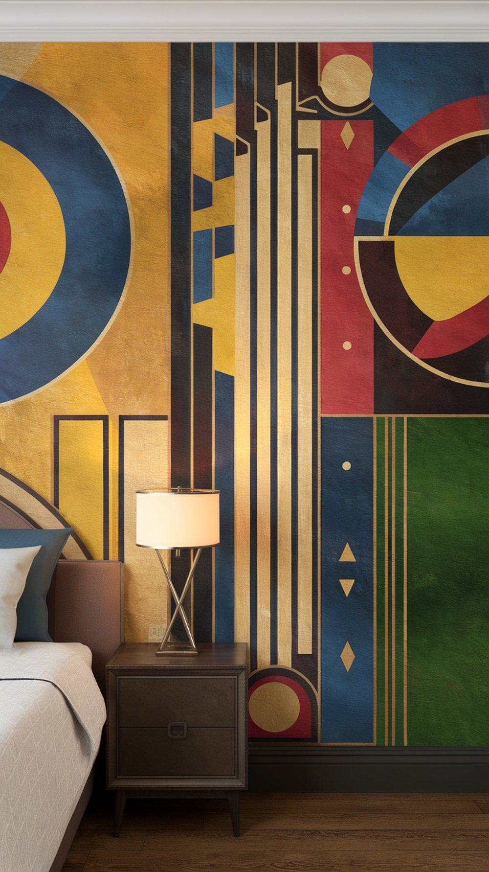 Art Deco wall mural featuring geometric shapes and vibrant colors in a bedroom setting.
