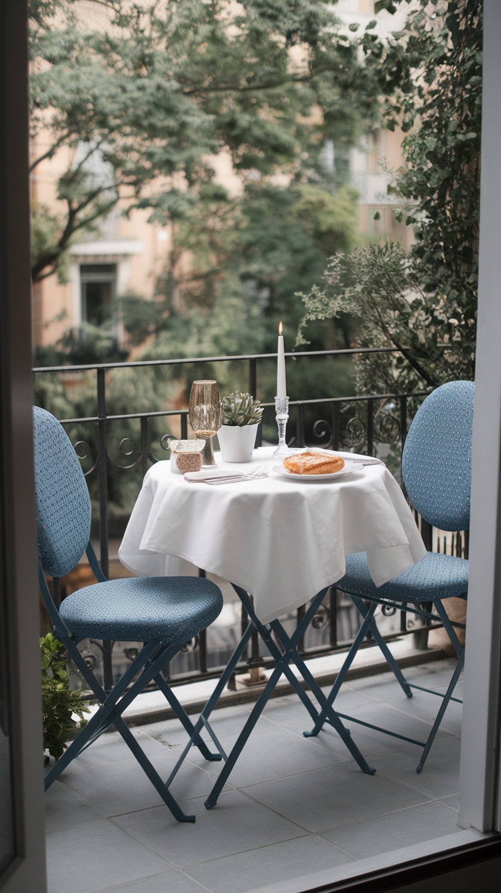 A cozy bistro table with two blue chairs on a small balcony, featuring potted plants and a pastry.