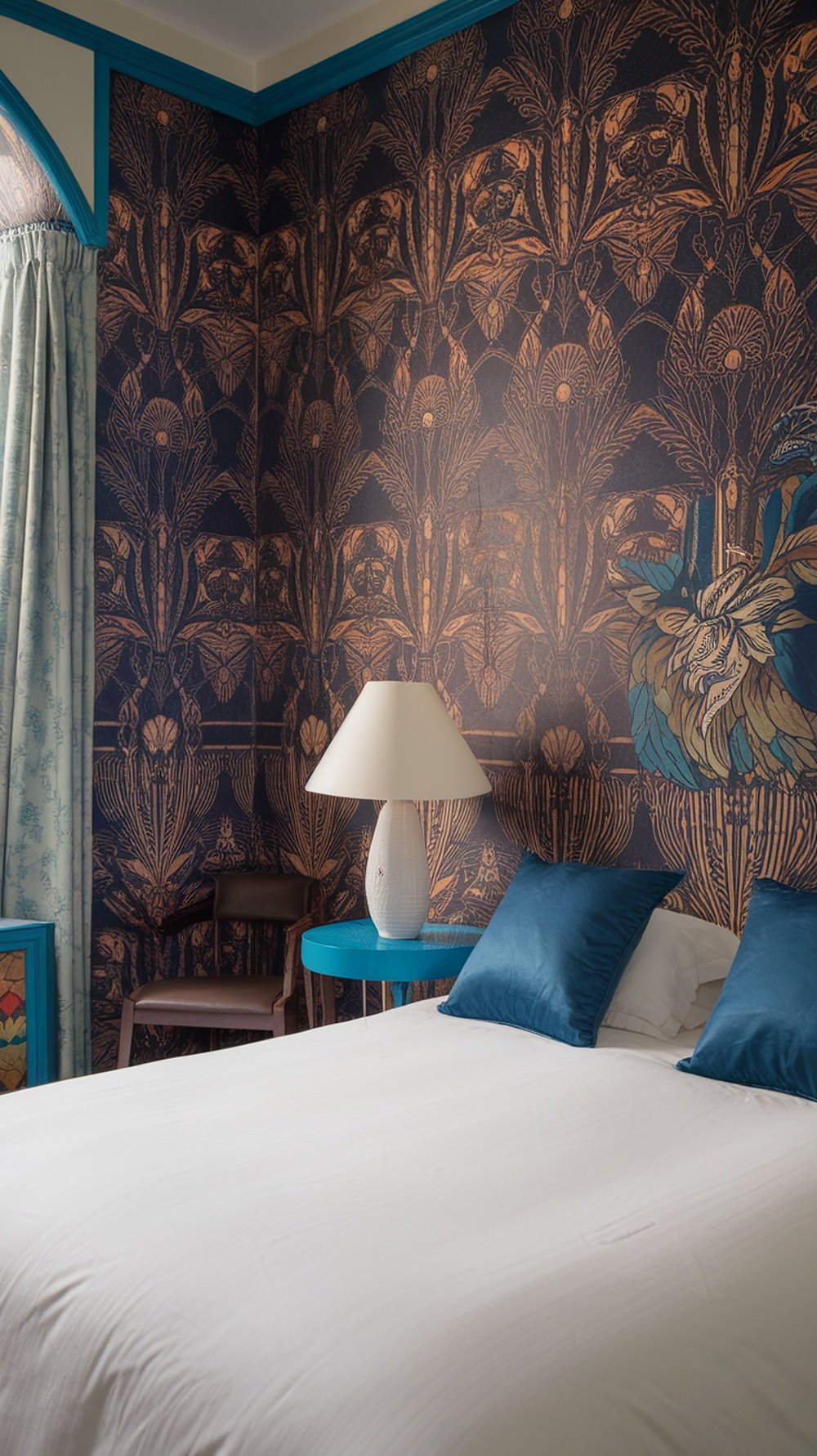 Art Deco bedroom with bold wallpaper featuring intricate patterns in dark colors and metallic accents.
