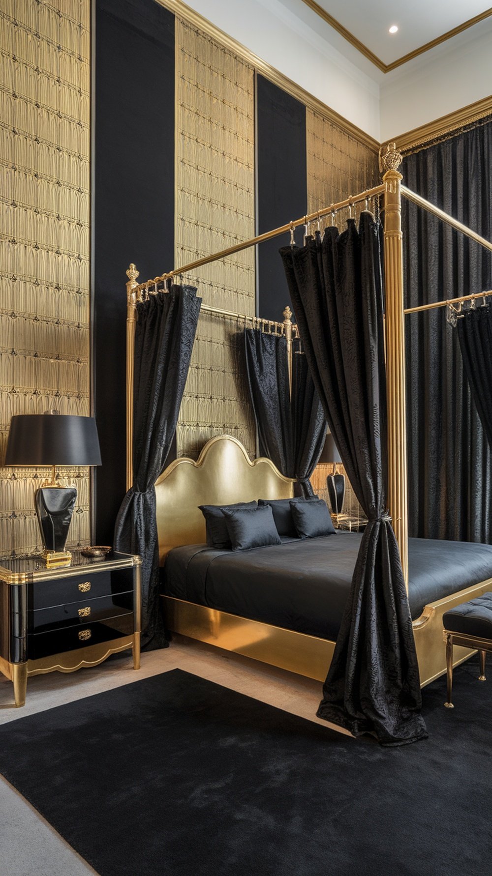 An Art Deco bedroom featuring a black and gold color scheme with a four-poster bed, black bedding, and gold accents.