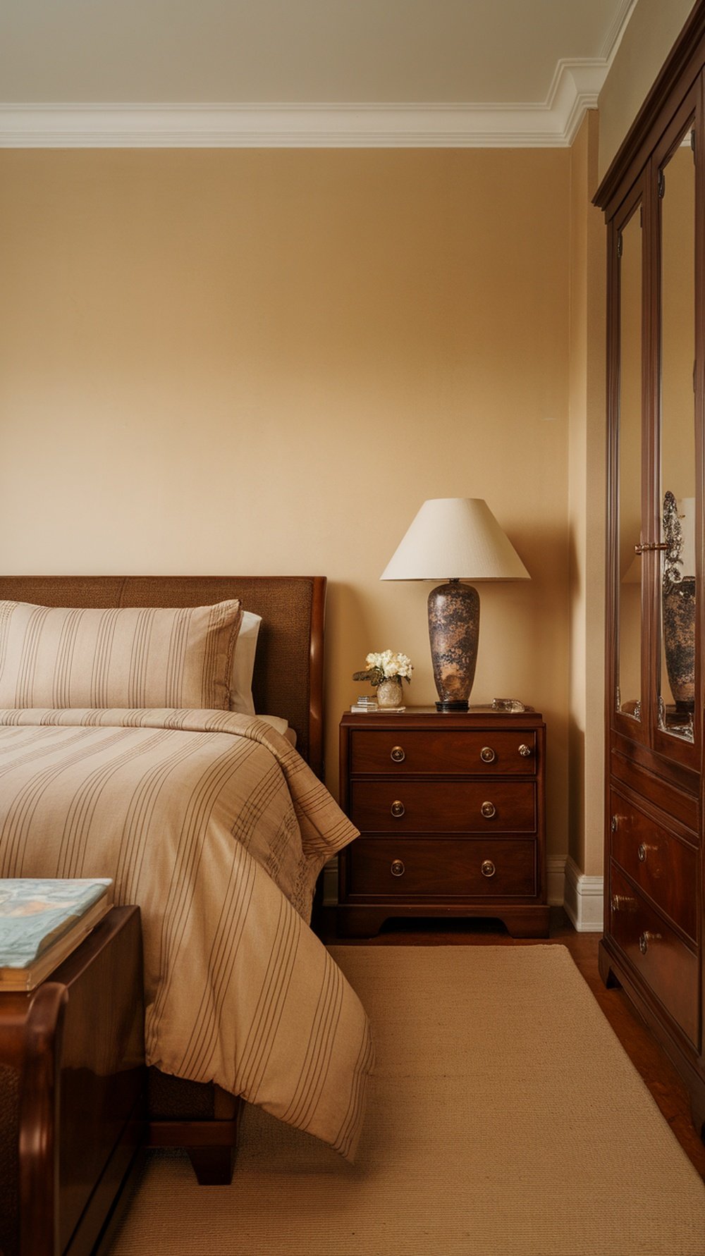 A cozy Art Deco bedroom featuring a wooden bed frame, nightstand, and warm color palette.